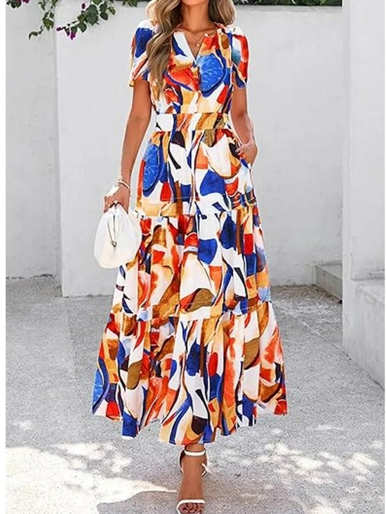 PrettyGarden Dresses & Skirts - Vibrant Abstract Print Maxi Dress in Blue, Orange & White